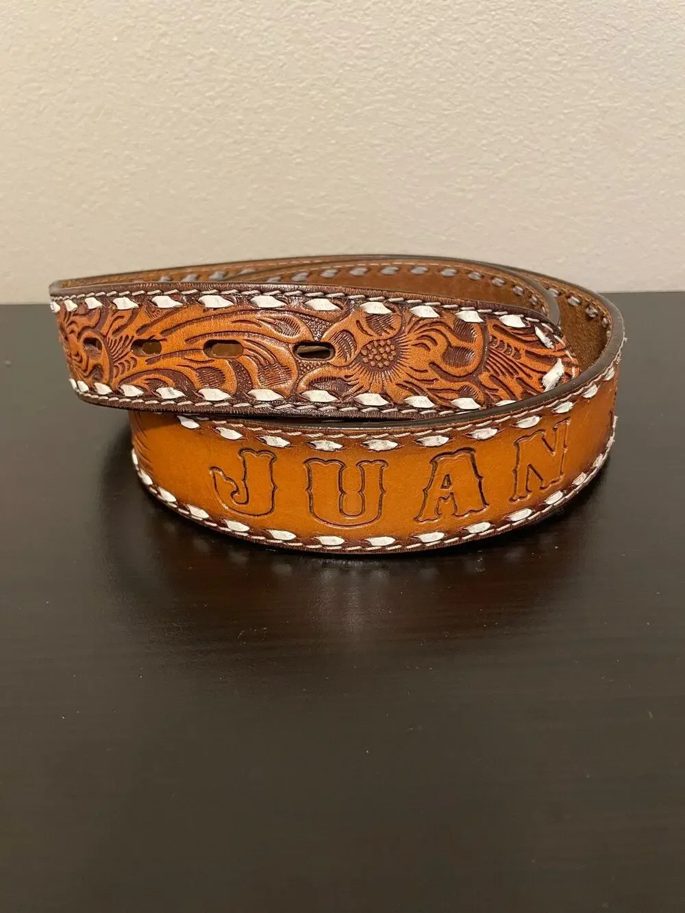 Western Belt Mens 44 Brown Leather Tooled Floral Name Juan No Buckle Cowboy READ